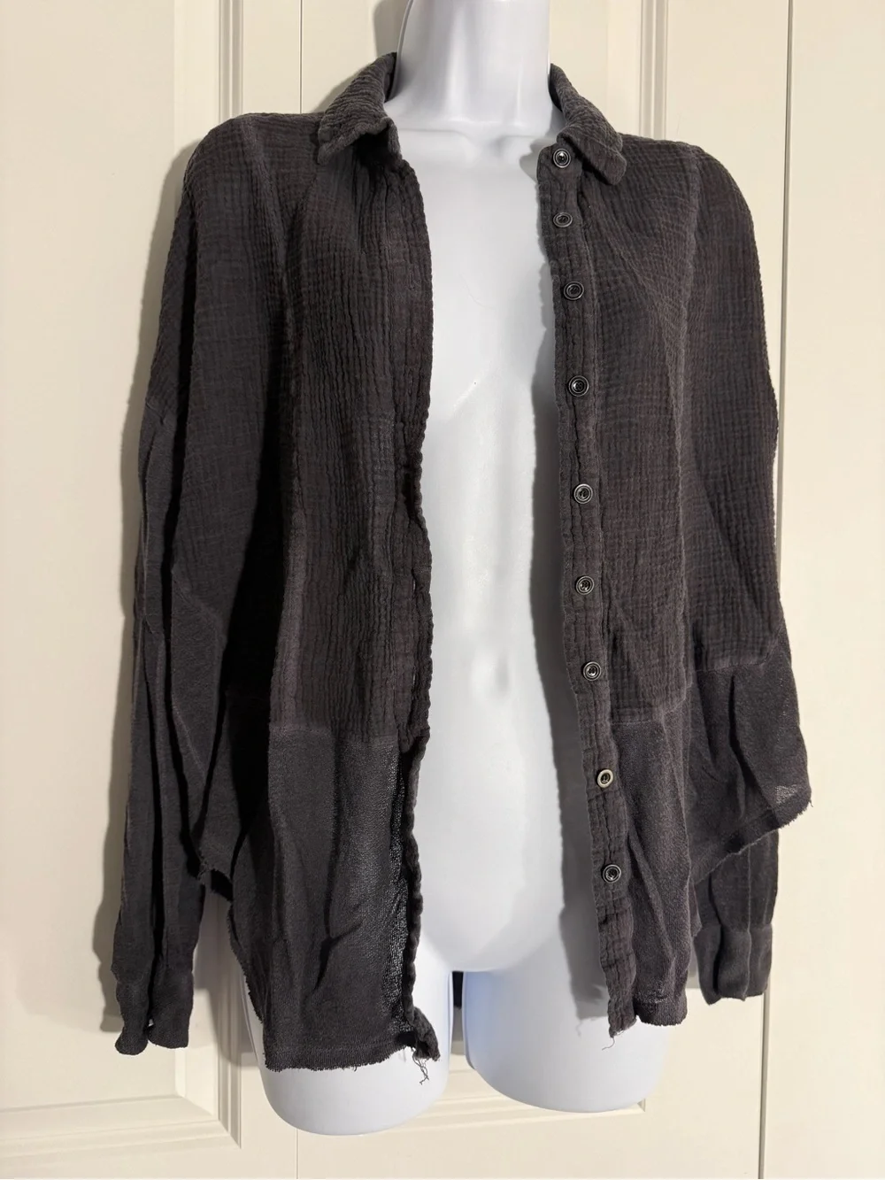 Free People Button-Down Gauze Shirt in Charcoal Gray